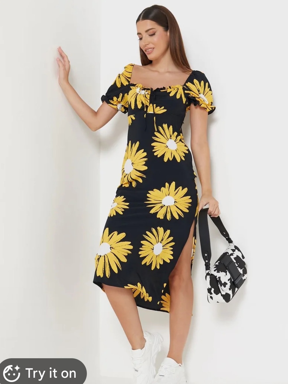 Topshop Black Midi Dress with Yellow Daisy Print Size 6
